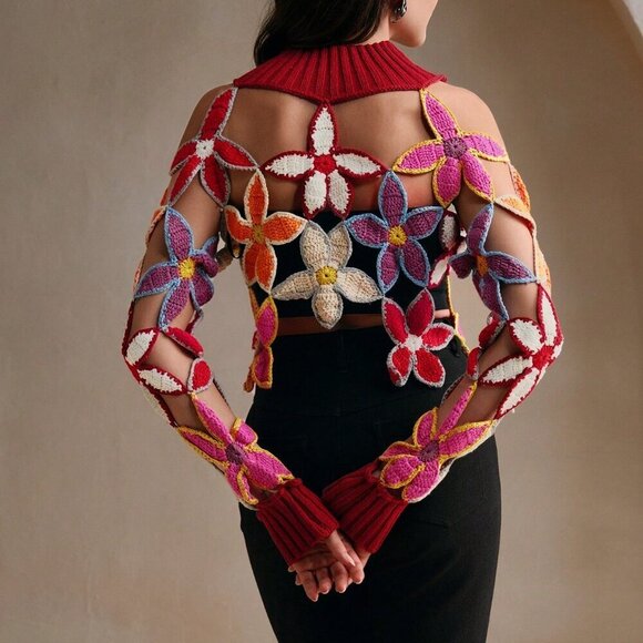 Red Elegant Women's Hand Crochet Lg Sleeve Stand Collar Minimalist Blouse - Picture 2 of 6